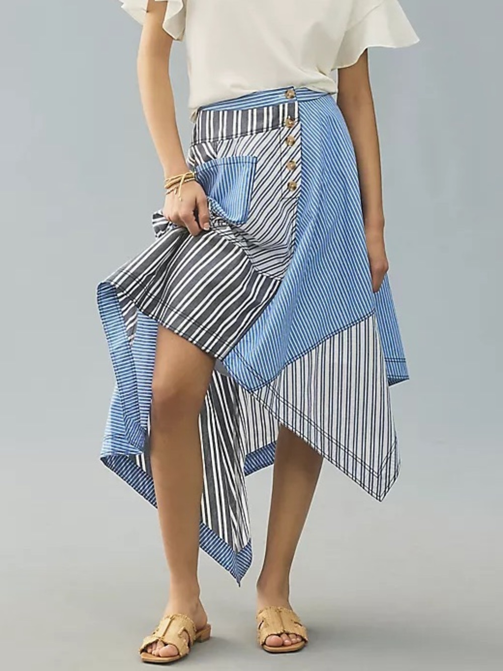 NWT Pilcro Reworked Asymmetrical Patchwork Midi Skirt Size Small Blue White